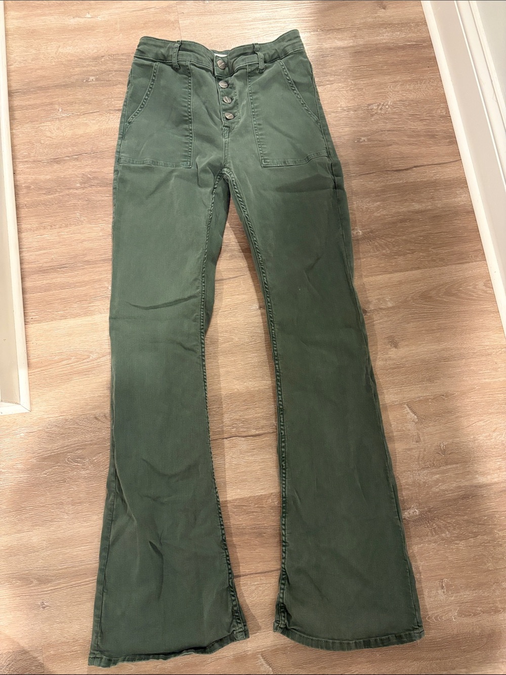 Zara High-Rise Olive Green Flare Pants with Button Front